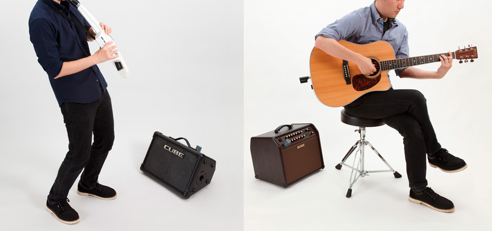 The BOSS WL series works great with electronic instruments like Roland’s Aerophone (left), acoustic-electric guitars, keytars, synths, drum machines, and more.