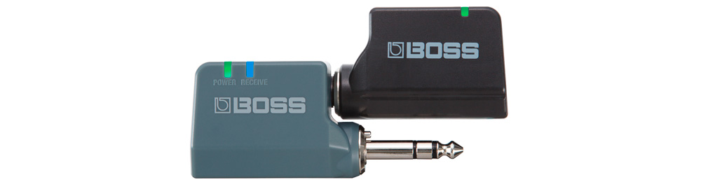 BOSS WL-20L Wireless System. In this image, the transmitter and receiver are docked for charging and wireless connection setup.