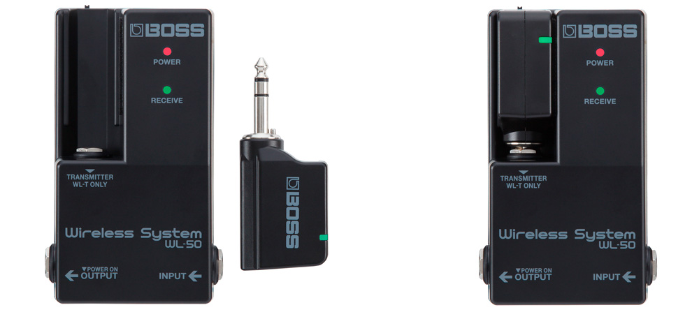BOSS WL-50 Wireless System. In the right image, you can how conveniently the transmitter connects to the receiver’s dock for charging and wireless setup without adding any height to the receiver.