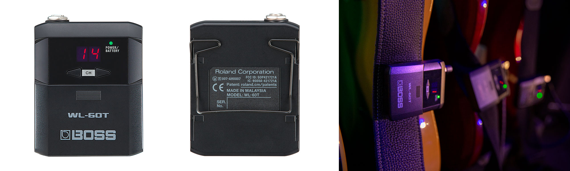 BOSS WL-60T Wireless Transmitter. In the right image, since the WL-60T connects to your instrument via a short standard cable, so the WL-60 works with nearly any guitar or bass.